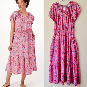 Destination 365 Floral Smocked Tie Front CottageCore Boho Maxi Dress Size M